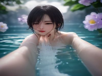 芙宁娜同人插画局部图，清水治愈系画风，枫丹蓝天白云背景，芙宁娜微笑表情特写